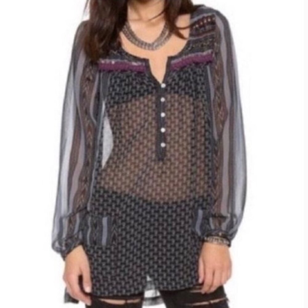 FREE PEOPLE Feather in the Wind Grey Black Sheer Long Sleeve Boho Blouse Beads S
